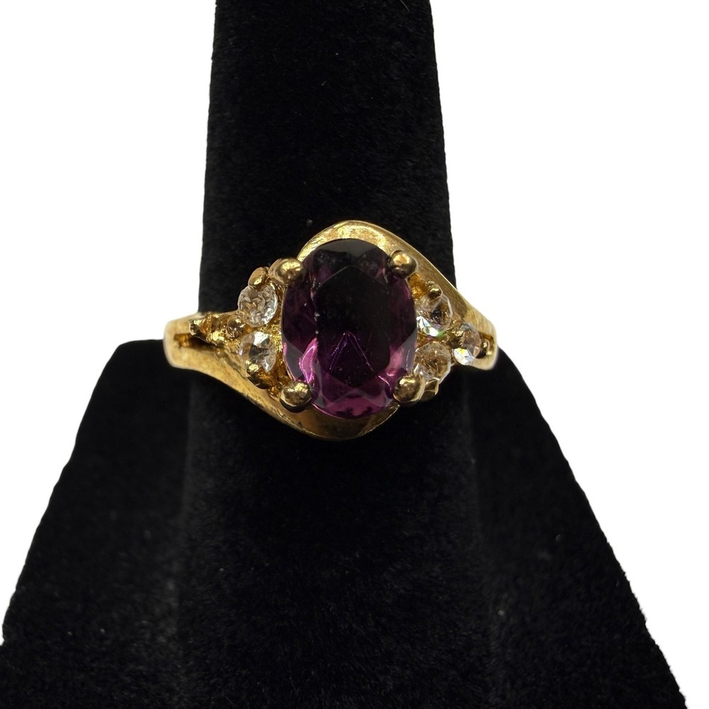 Vtg Style Gold Tone Oval Amethyst & Diamond Accent Bypass Ring Jewelry Size 6